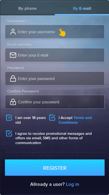 Create a new account by tapping the Register button